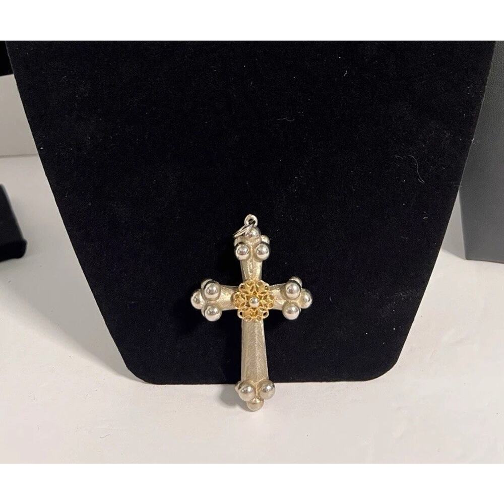 Vtg. Gold Tone Cross Pendant Silver Bead Accents Ornate Center Religious 3.75” H